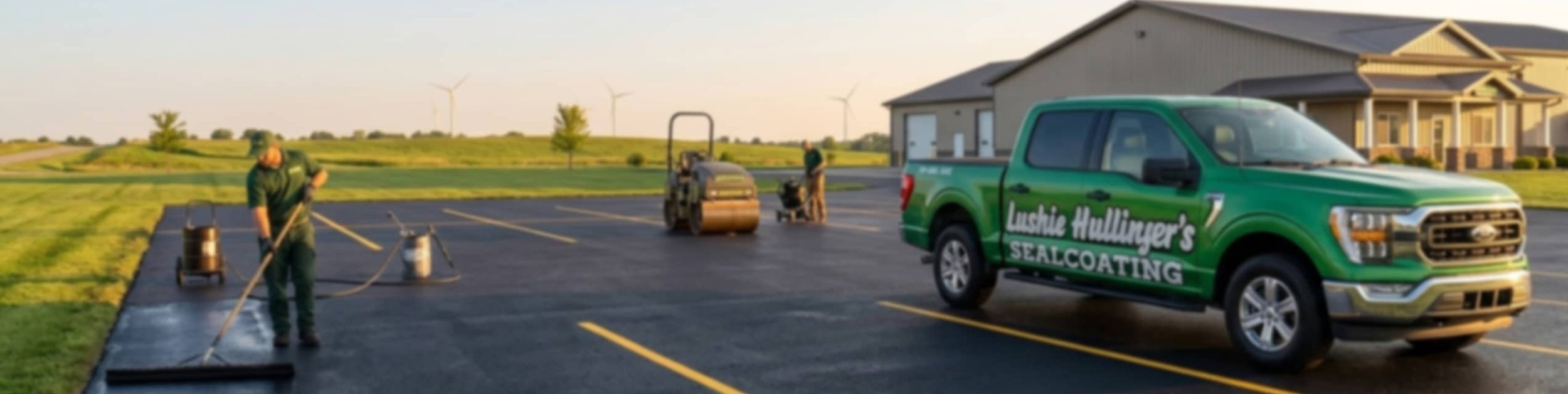L. Hullinger crew sealcoating and striping a parking lot in Marysville, OH
