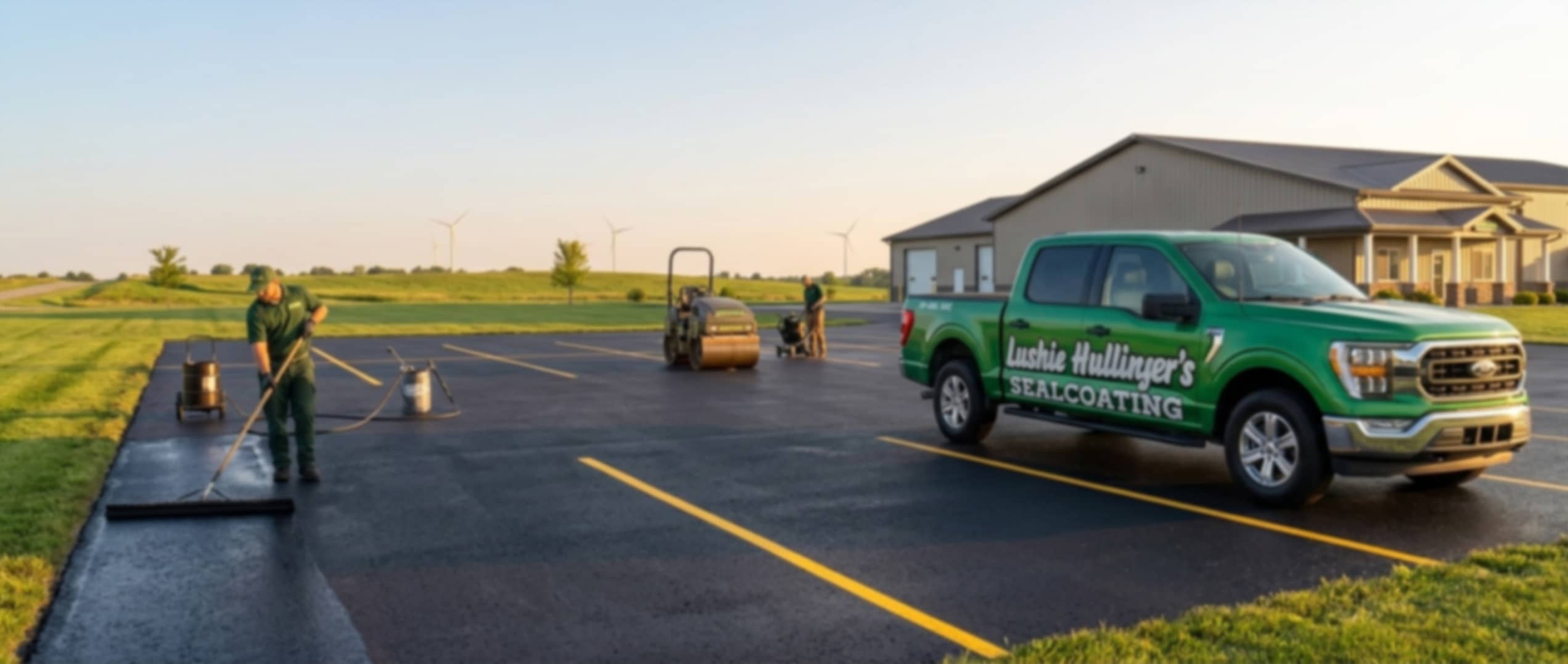 L. Hullinger crew sealcoating and striping a parking lot in Marysville, OH