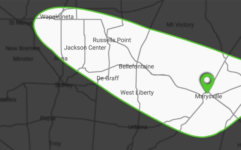 Map showing L. Hullinger service area from Bellefontaine and West Liberty to Marysville, Delaware, and Plain City, OH